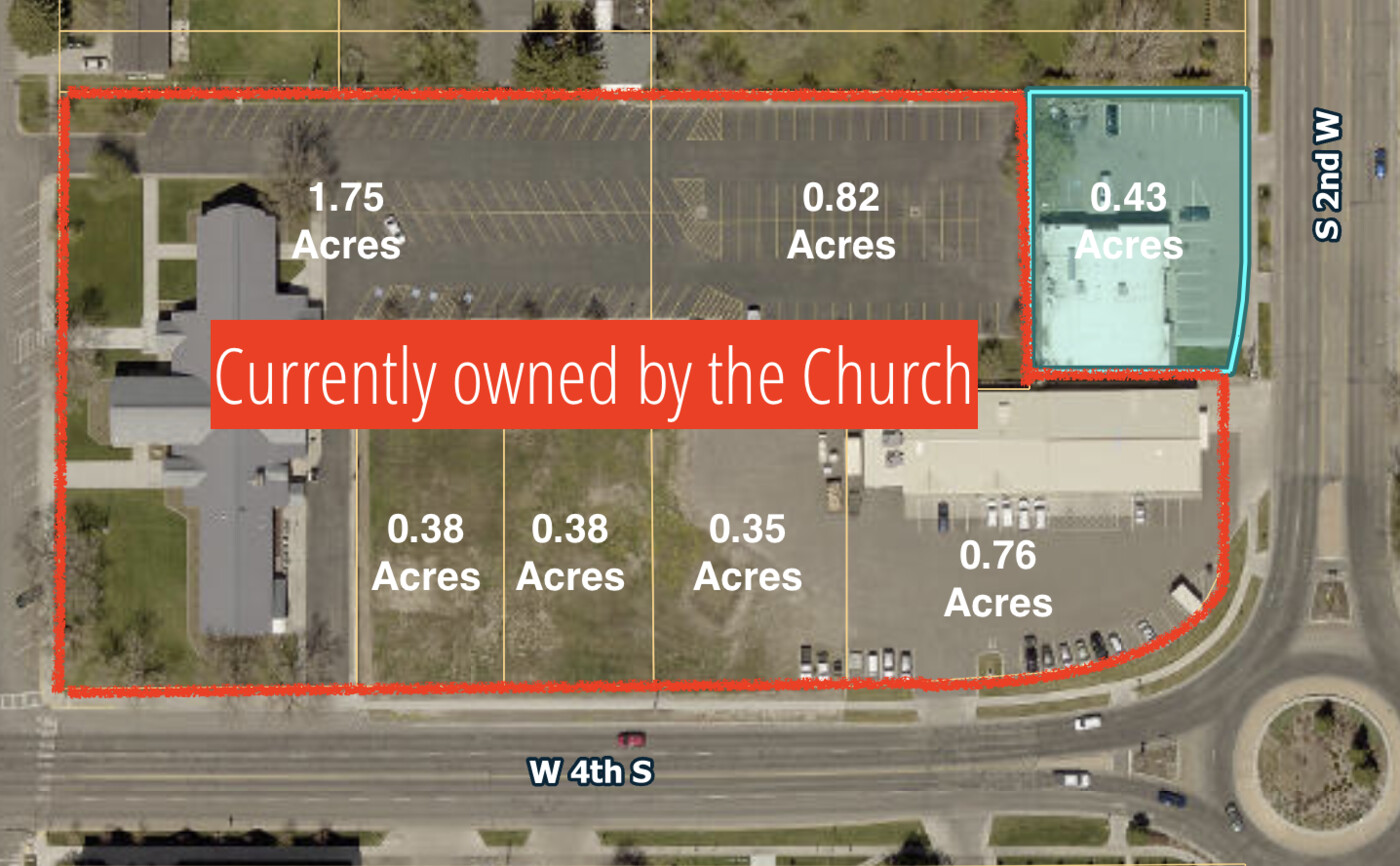 Aerial view showing 352 S 2nd W adjacent to Church-owned parcels